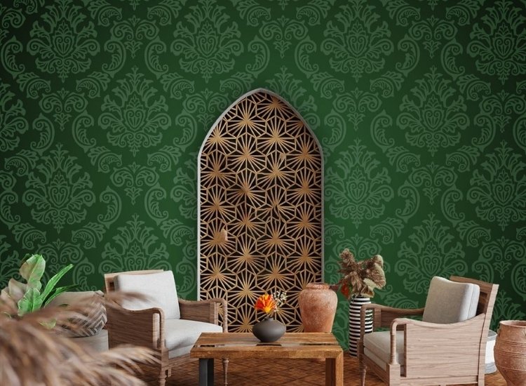 green coloured damask pattern wallpaper design idea