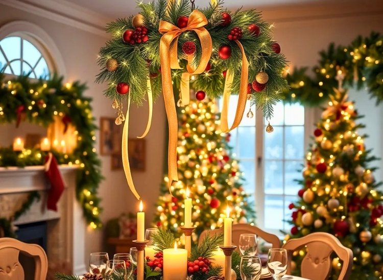 "Christmas wreath as a chandelier decoration adds a festive touch. christmas tree picture complements the holiday theme