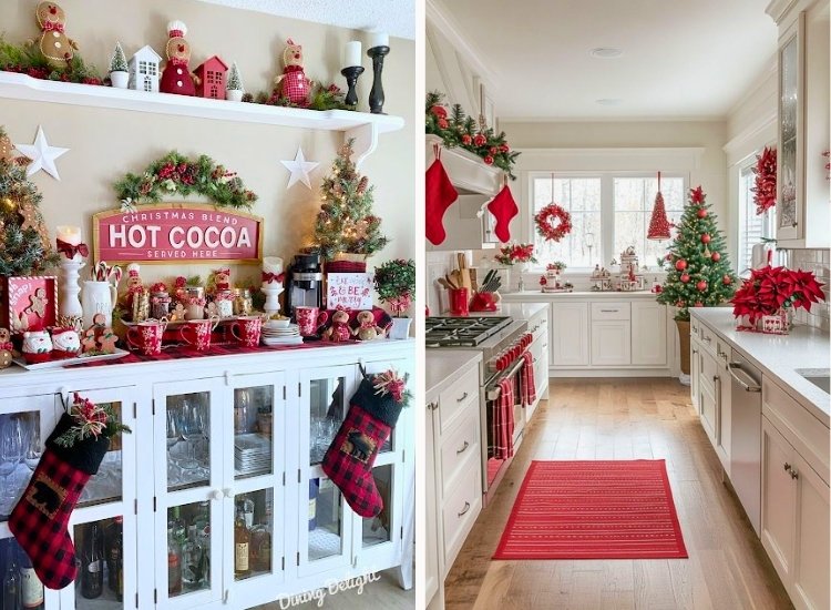 "Holiday Christmas mugs displayed on open shelves bring festive charm. christmas tree drawing image completes the cozy look."