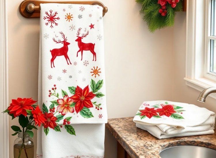 "Festive hand towels with Christmas prints add holiday spirit. christmas tree png enhances the festive décor."