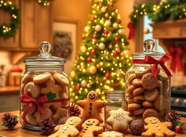 "Glass containers filled with holiday cookies add a sweet touch. christmas tree png completes the festive display."