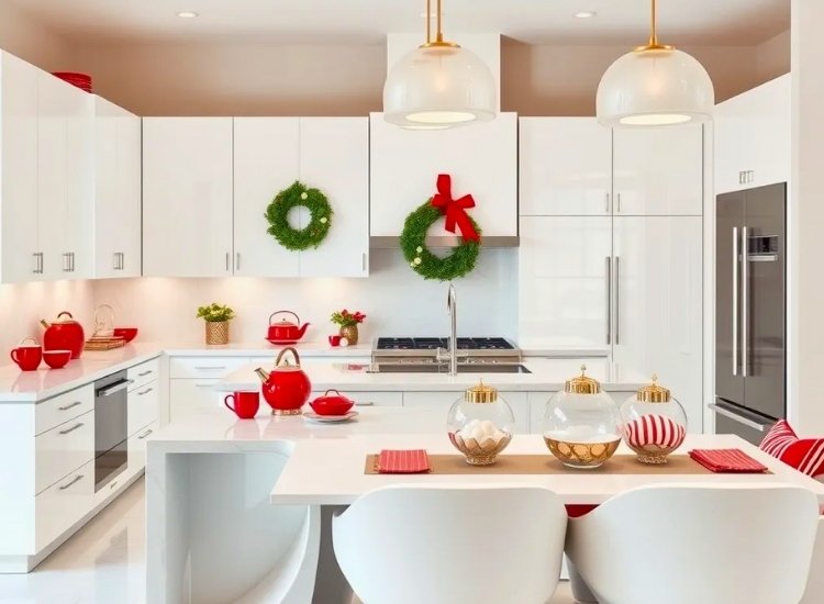 "Red and white kitchen accessories add a festive touch. christmas tree drawing image enhances the holiday décor."