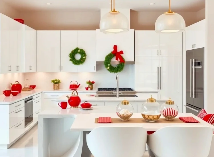 27. Use red and white kitchen accessories "Red and white kitchen accessories add a festive touch. christmas tree drawing image enhances the holiday décor."
