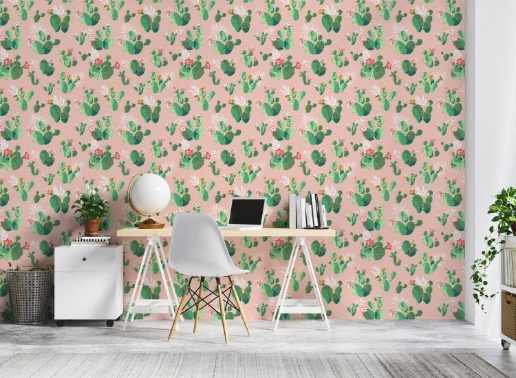 living room wallpaper featuring cacti and succulents