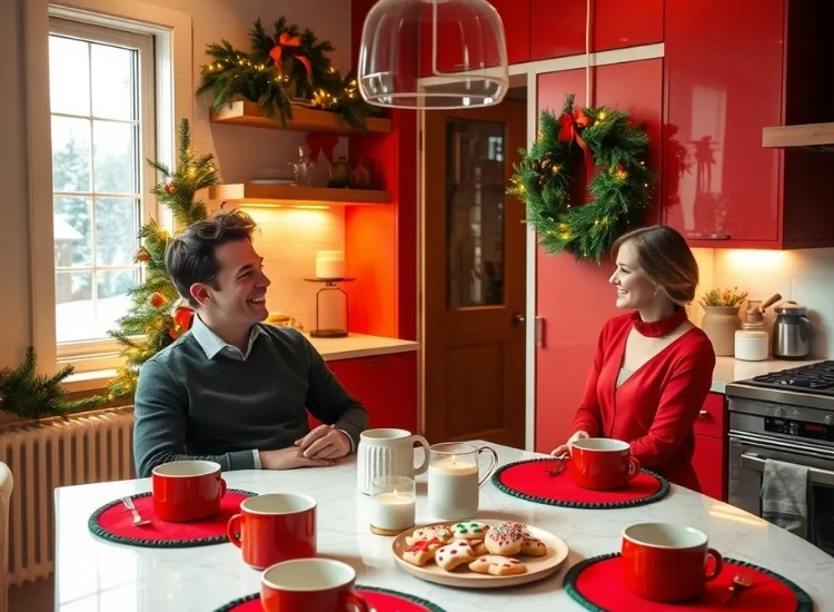 29. Add festive placemats for breakfast tables "Festive placemats on the breakfast table create a holiday vibe. christmas tree picture enhances the seasonal décor."