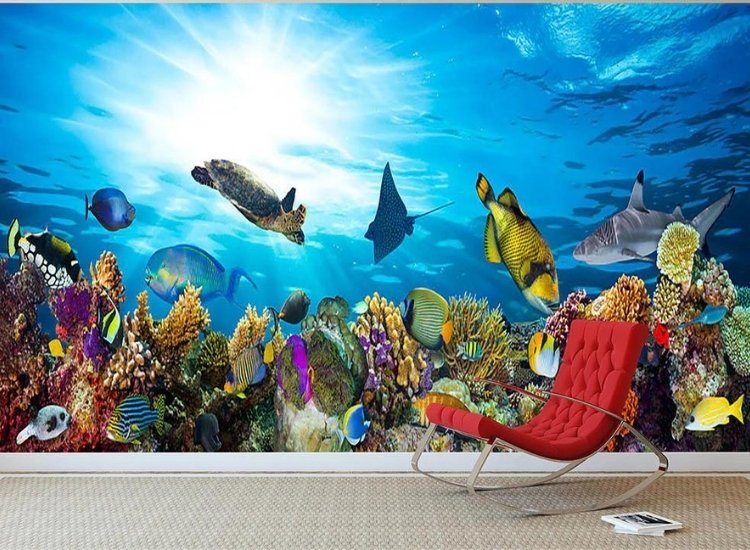 wallpaper design featuring coral reefs and sea life.