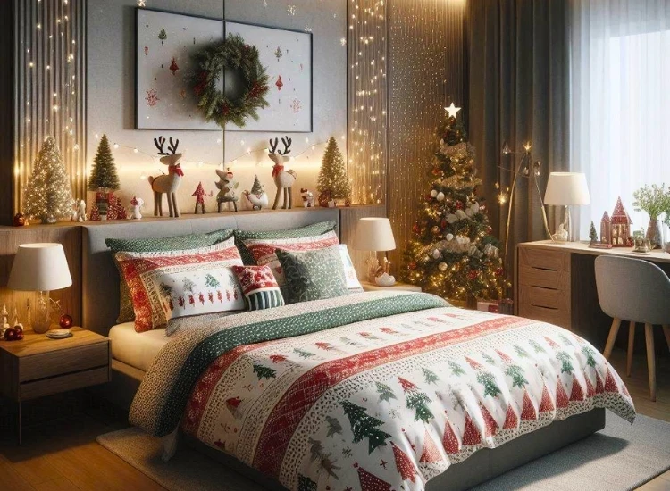 32. Use Christmas themed bed sheets and pillowcases "Christmas-themed bed sheets and pillowcases bring festive warmth. christmas tree png complements the holiday bedroom look."