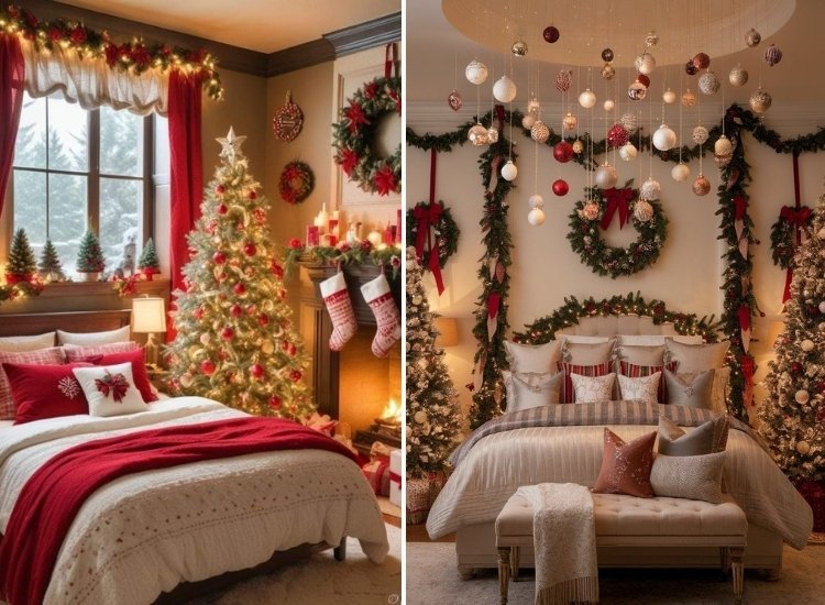 "Small Christmas tree on the bedside table adds holiday charm. christmas tree picture completes the festive bedroom decor."