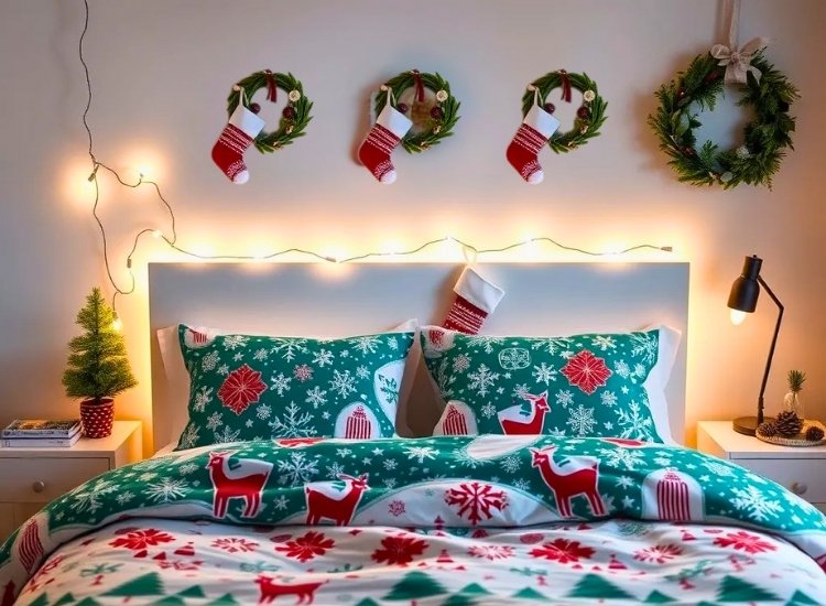 "Mini stockings hung along the bedframe add a festive touch. christmas tree picture completes the cozy holiday vibe."