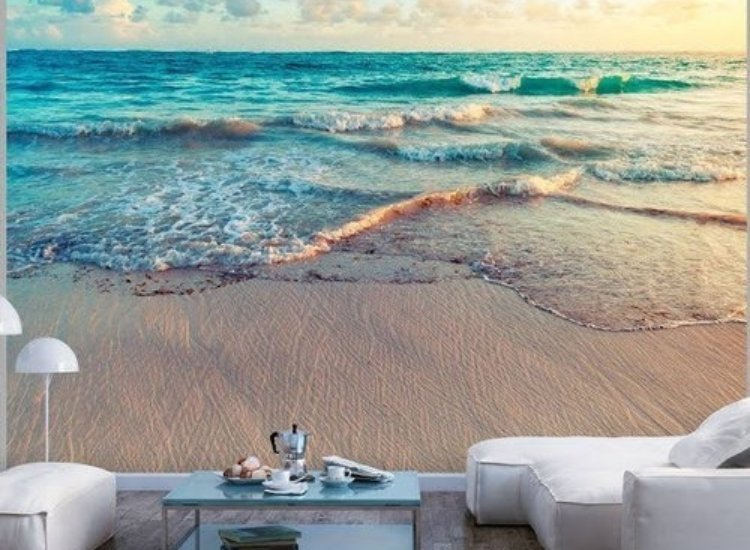 wallpaper design featuring beach-side scenes, ocean waves, and dreamy sunsets.