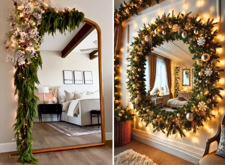 "Christmas decor garland around the mirror adds festive elegance. christmas tree png enhances the holiday ambiance."