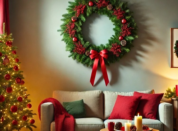 "Festive wreath on the living room wall enhances holiday decor. christmas tree png adds to the festive charm."