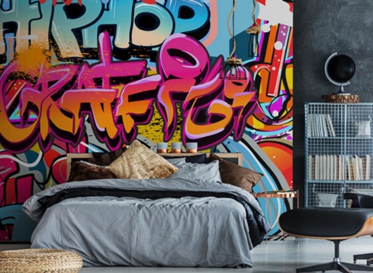 wallpaper decoration ideas featuring urban graffiti and street art murals