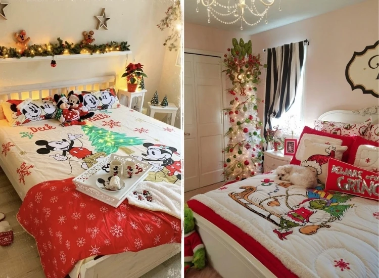 47. Use holiday themed bed sheets and blankets "Holiday-themed bed sheets and blankets add cozy festive warmth. christmas tree drawing image enhances the bedroom decor."
