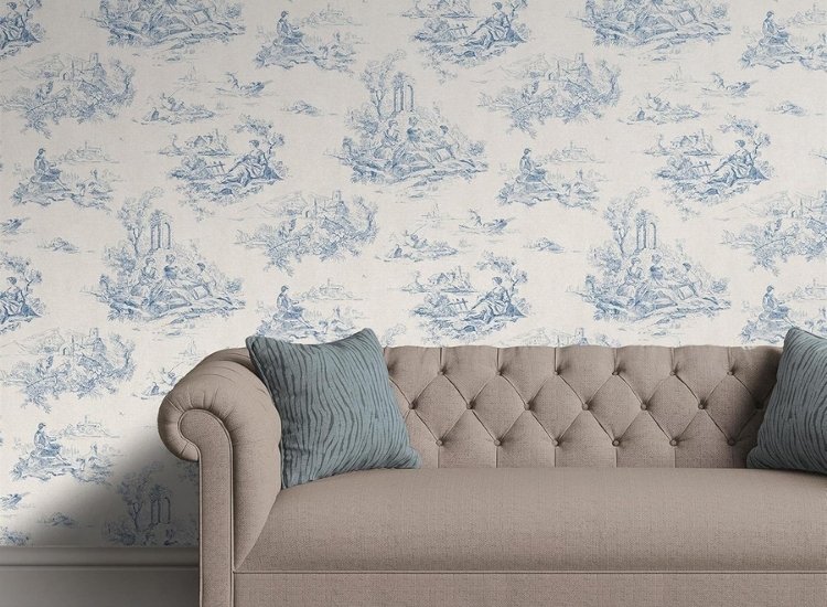 traditional Toile de Jouy wallpaper design in white and blue color