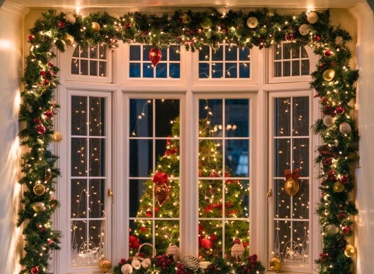 5. Use twinkling fairy lights along window frames "Twinkling fairy lights along window frames brighten up the room. christmas tree picture glows nearby."
