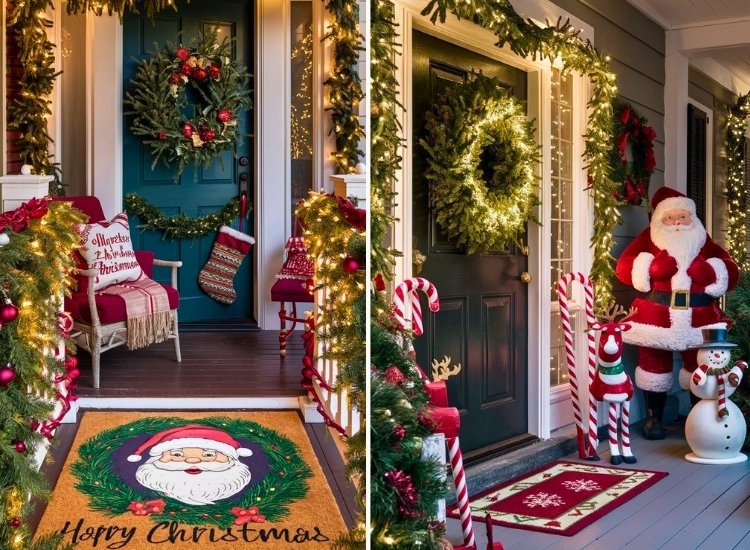 "Festive doormat with holiday greetings adds a warm welcome. christmas tree drawing image completes the seasonal decor."