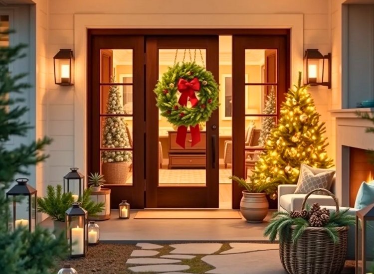 "A basket of pinecones placed near the door adds a rustic holiday touch. christmas tree picture completes the festive look."