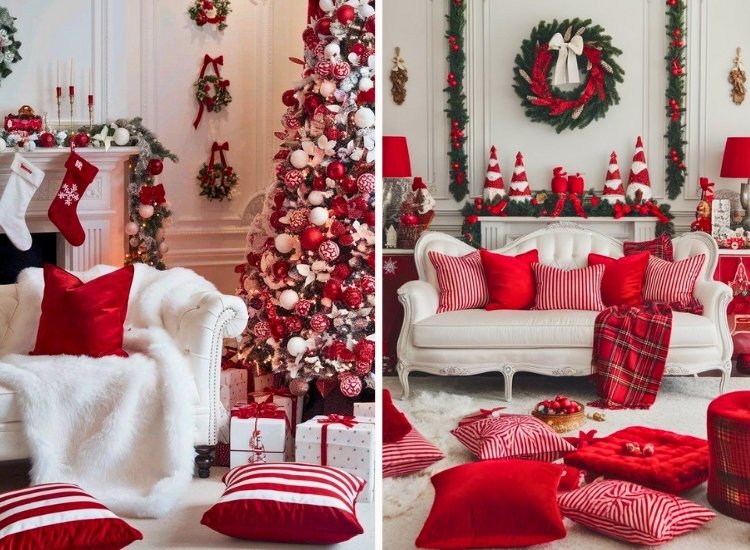 "Furniture draped with red and white fabric for a festive look. christmas tree picture completes the holiday decor."