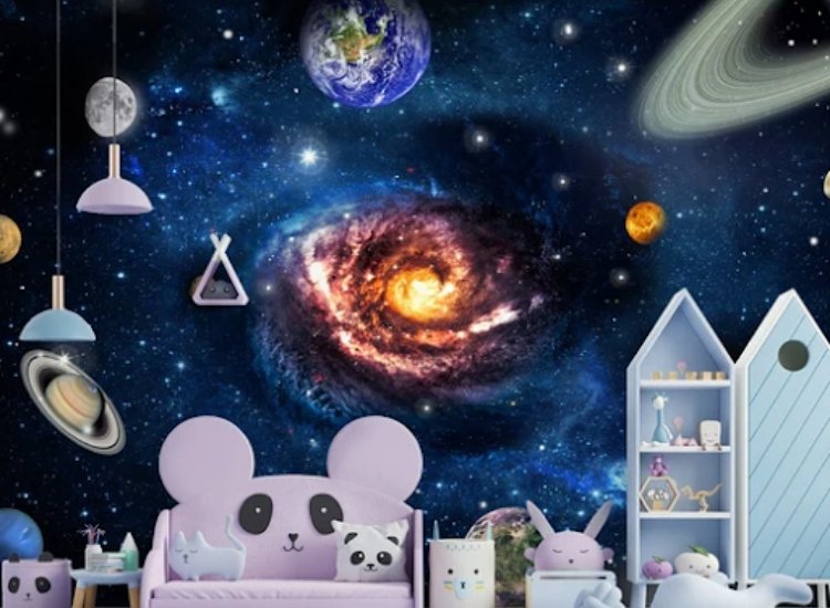 wallpaper decor for living room featuring stars, galaxies, and moon