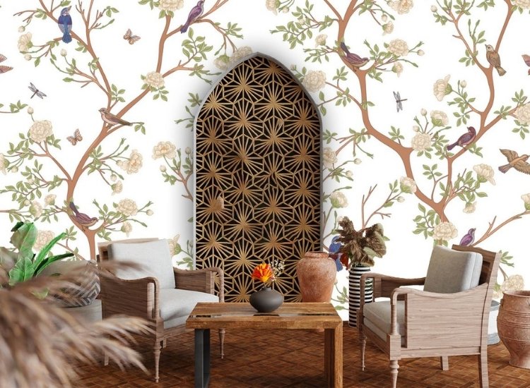 light colored blossom motifs on living room wallpaper