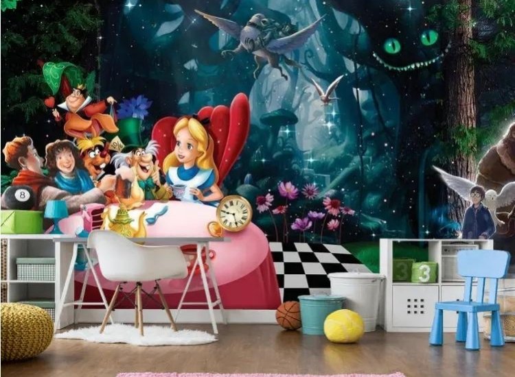 Alice in wonderland themed wallpaper for living room