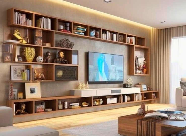 "Open shelves TV unit design, featuring sleek storage options and modern TV cabinet ideas for a stylish living room setup."