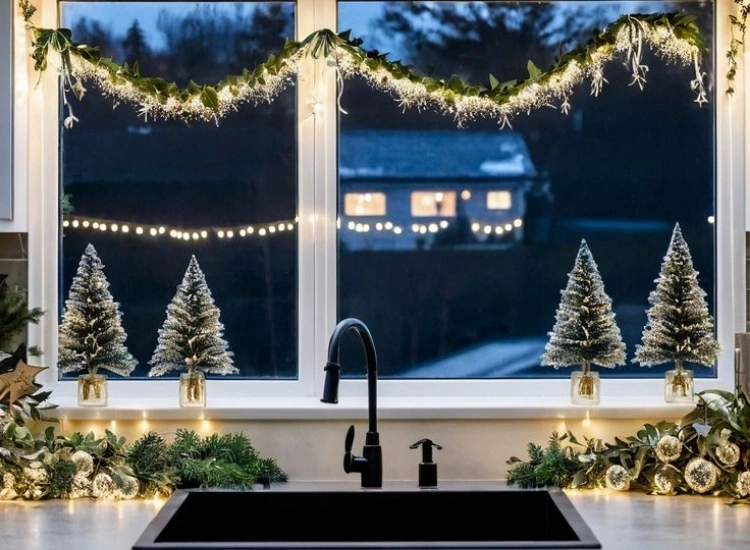 "Kitchen counter decorated with LED garlands for a festive touch. Christmas tree picture included."