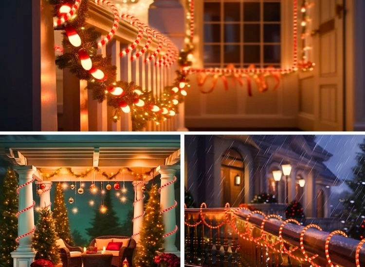 "Rope lights outlining doorways, creating a festive and welcoming entrance. Christmas tree png included."