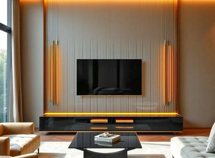 11. Fluted TV Unit Textured Elegance for a Unique Look "Fluted TV unit design, offering textured elegance and a unique look, perfect for adding sophistication and style to any modern living room."