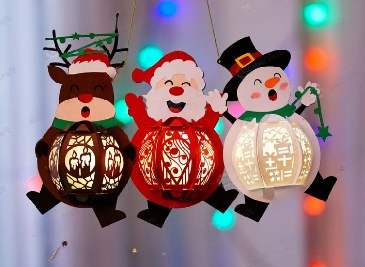 "DIY paper lanterns with LED lights, adding a soft, festive glow. Christmas tree png included."