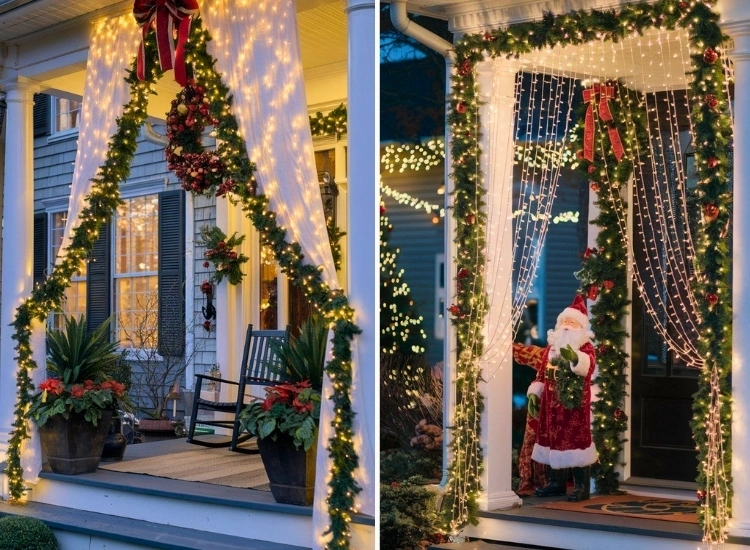 "Holiday archway lit up for dramatic flair, adding festive elegance. Christmas tree png included."