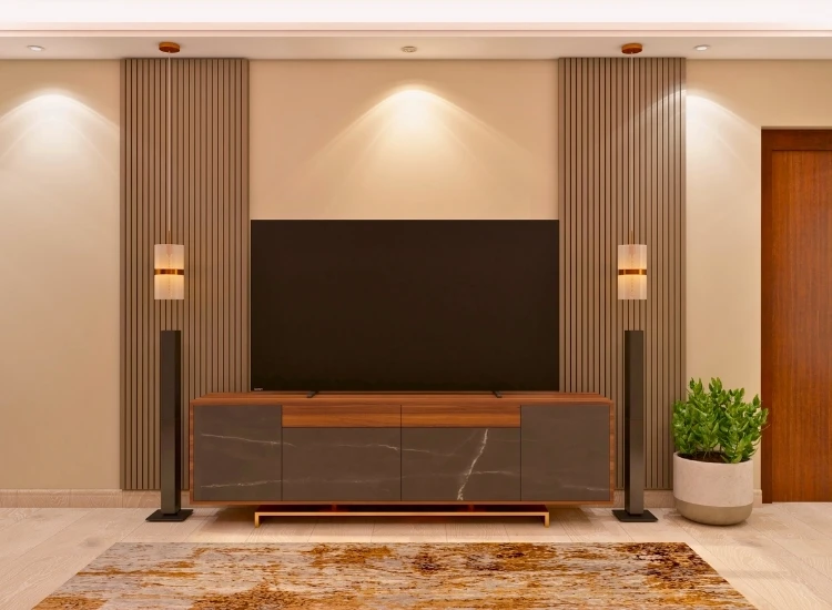 12. Floor Mounted TV Unit "Floor-mounted TV unit design with spacious storage and modern aesthetics, perfect for creating a stylish living room centerpiece."