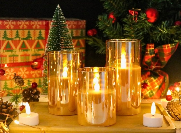 "Battery-operated candles in glass jars, creating a cozy holiday ambiance. Christmas tree drawing image included."