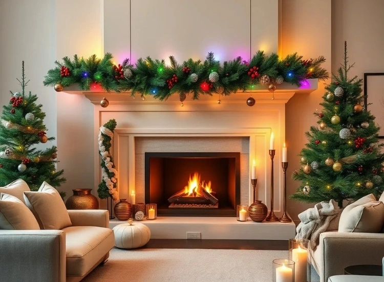 "Multicolor lights added to the fireplace mantel, creating a festive glow. Christmas tree png included."