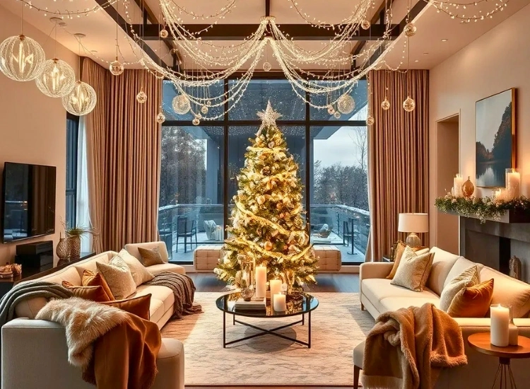 "Light strings wrapped around ceiling beams, adding a festive ambiance. Christmas tree drawing image included."