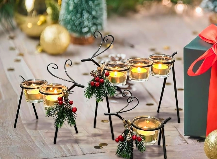 "Christmas tealight holder with a playful design, adding charm to your decor. Christmas tree picture included."