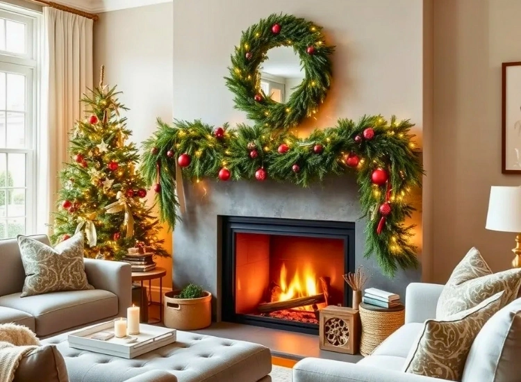 "Creative fireplace Christmas decor ideas for a cozy holiday setting. Christmas tree png included."