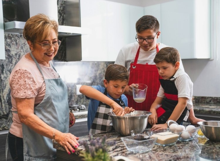 "Family-friendly, kid-centric kitchen wallpaper with fun, playful designs that create a welcoming and cheerful cooking space."