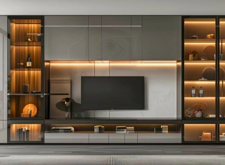 13. Glass TV Unit "Elegant glass TV unit design, combining sleek modern aesthetics with functionality for a contemporary living room setup."