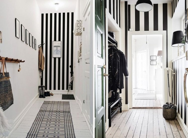 Vertical black and white stripes wallpaper for small hallway