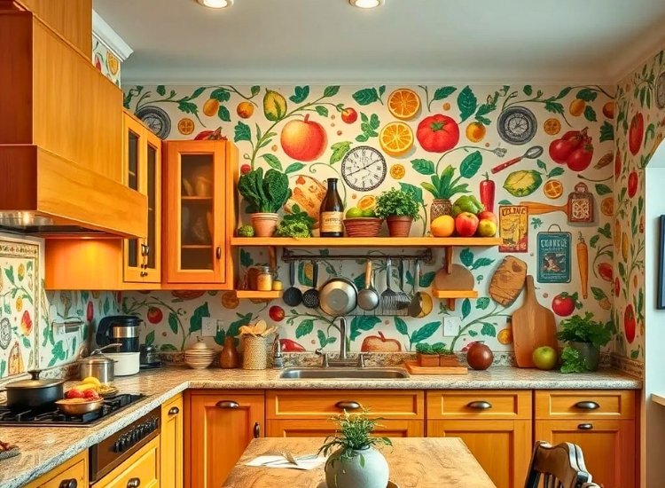 "Kitchen wallpaper that captures culinary passion with vibrant food-themed designs, inspiring creativity and joy in your cooking space."