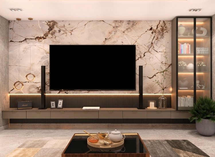 "Sleek TV unit design with minimalist features, offering modern storage solutions and stylish decor for living room interiors."