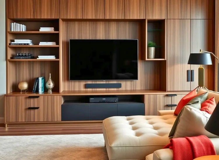 19. Entertainment Center with Storage TV Unit "Entertainment center with storage TV unit, combining modern design and ample space for organizing media and accessories in the living room."