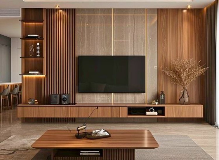 "Floor to ceiling TV unit design, offering a striking modern look with extensive storage and a sleek, functional aesthetic."