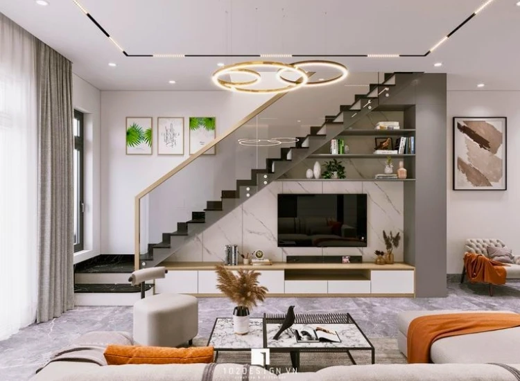 21. TV Unit Under Staircase "TV unit under staircase design, maximizing space with stylish storage solutions and a modern TV cabinet for a unique living room setup."