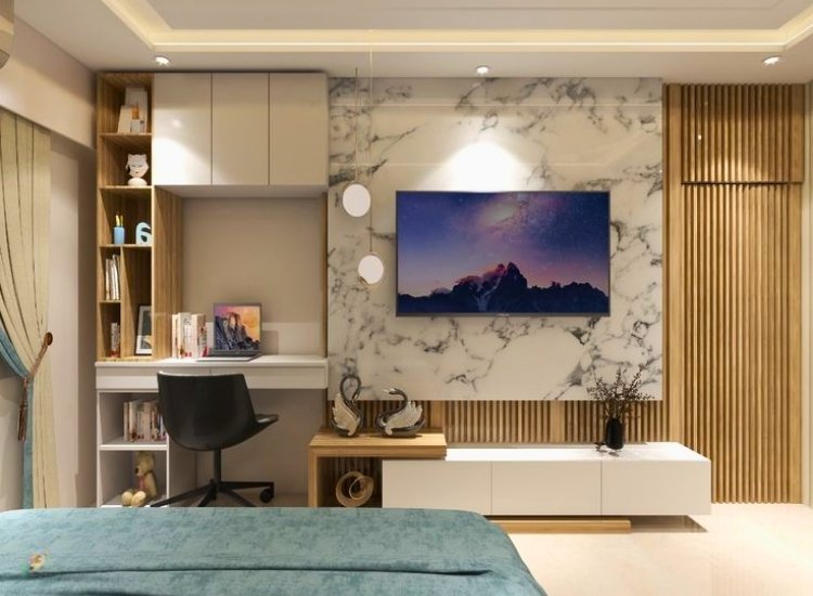 "TV unit with study or work space design, combining entertainment and productivity with modern TV unit features and practical storage."