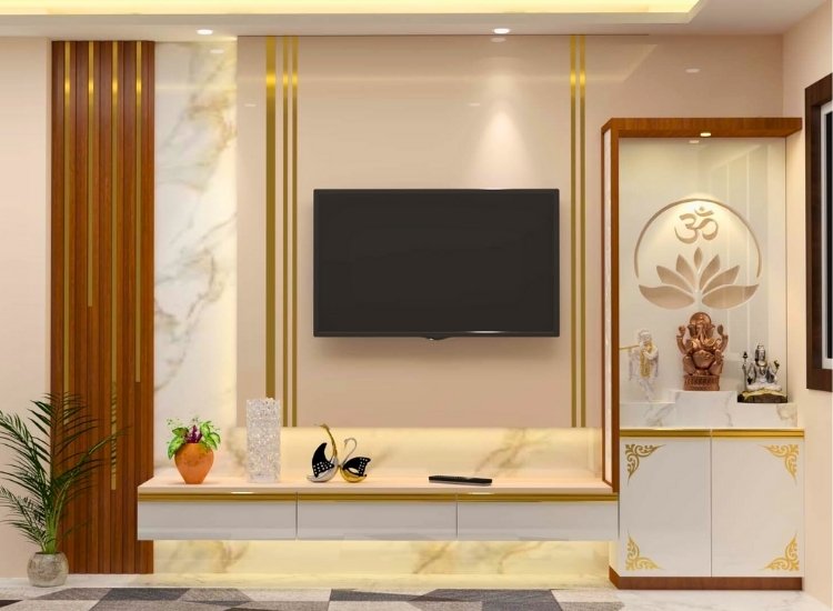 "TV unit with mandir design, blending entertainment and spirituality with stylish storage and a sacred space in the living room."