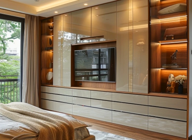 24. TV Unit with Wardrobe "TV unit with wardrobe design, offering a practical and stylish solution for combining entertainment and storage in living room interiors."