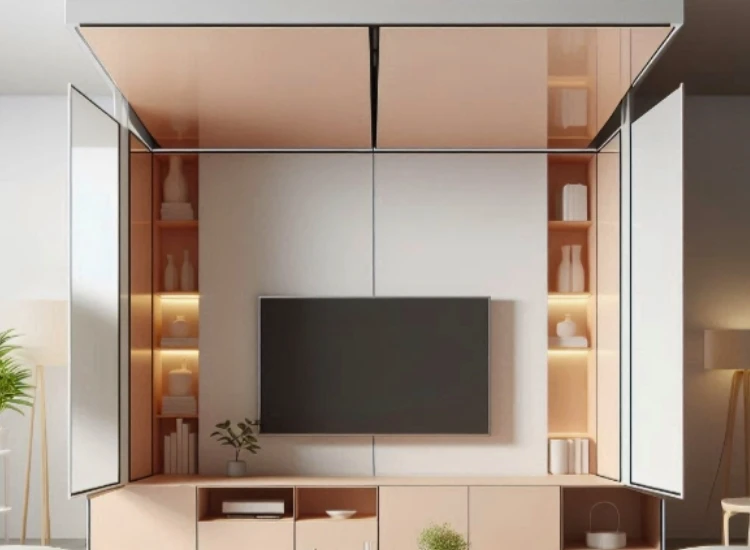 26. Multi functional TV Unit Design "Multi-functional TV unit design, combining entertainment, storage, and workspace for a practical and stylish living room setup."